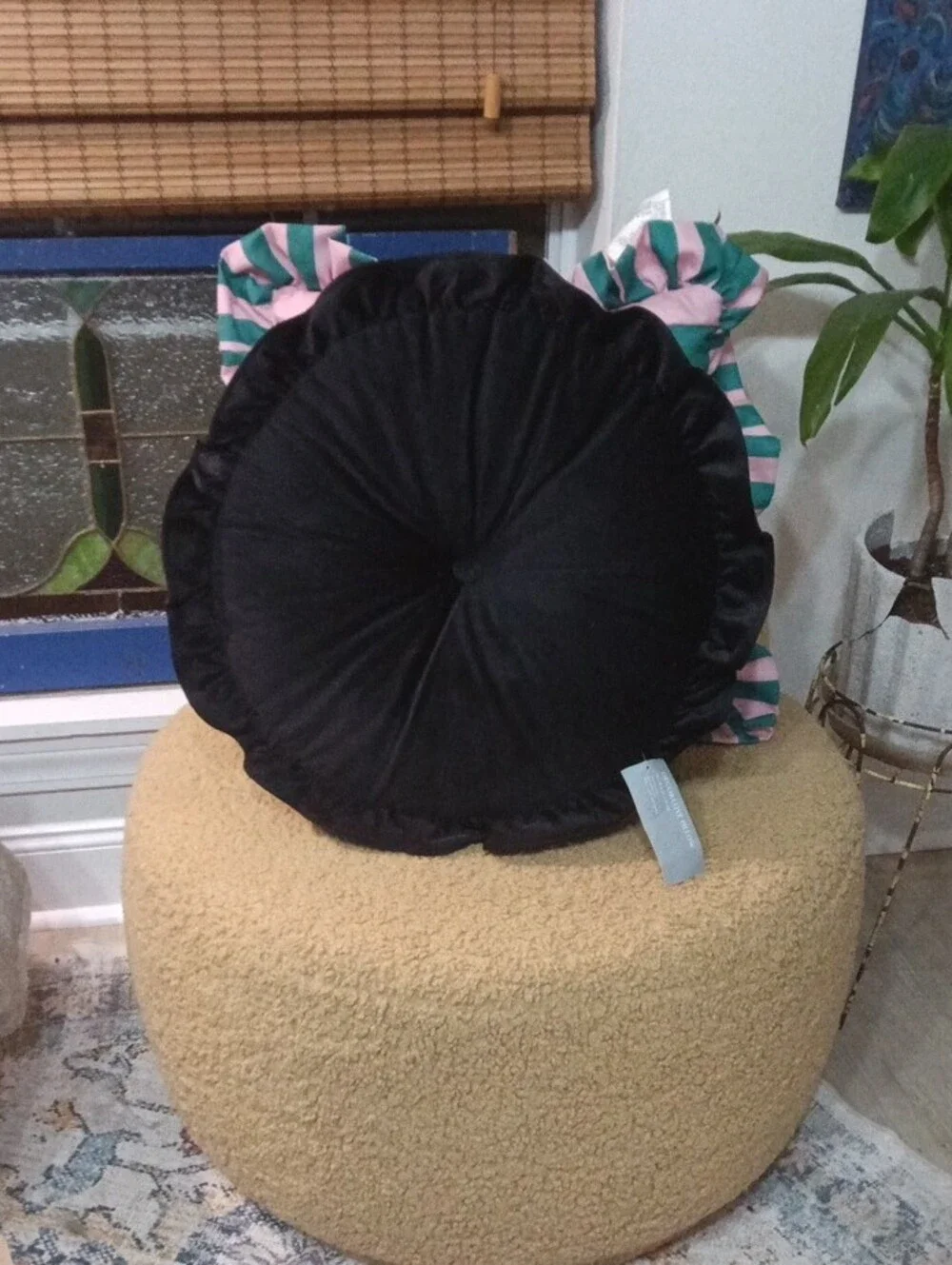 LOFT Round Black Tufted Ruffled Accent Pillow